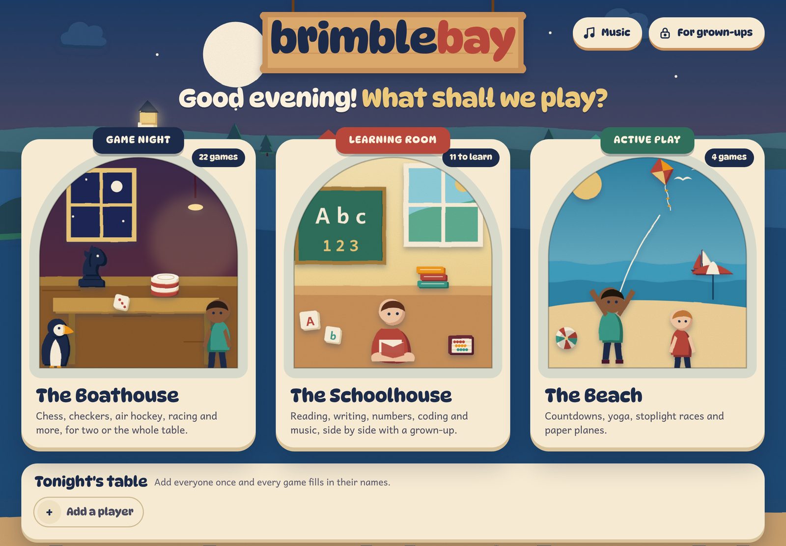 The BrimbleBay home screen in the evening: a painted bay with three arched windows into The Boathouse, The Schoolhouse and The Beach.